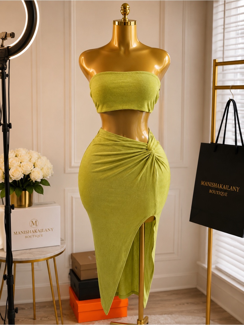 ManishaKailany Lime Green High-Low Knot Front Midi Skirt